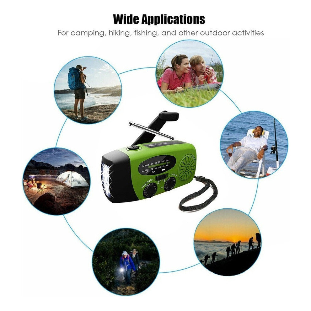 Rádio de Emergência Portátil Solar e Manivela com Lanterna LED e Power Bank